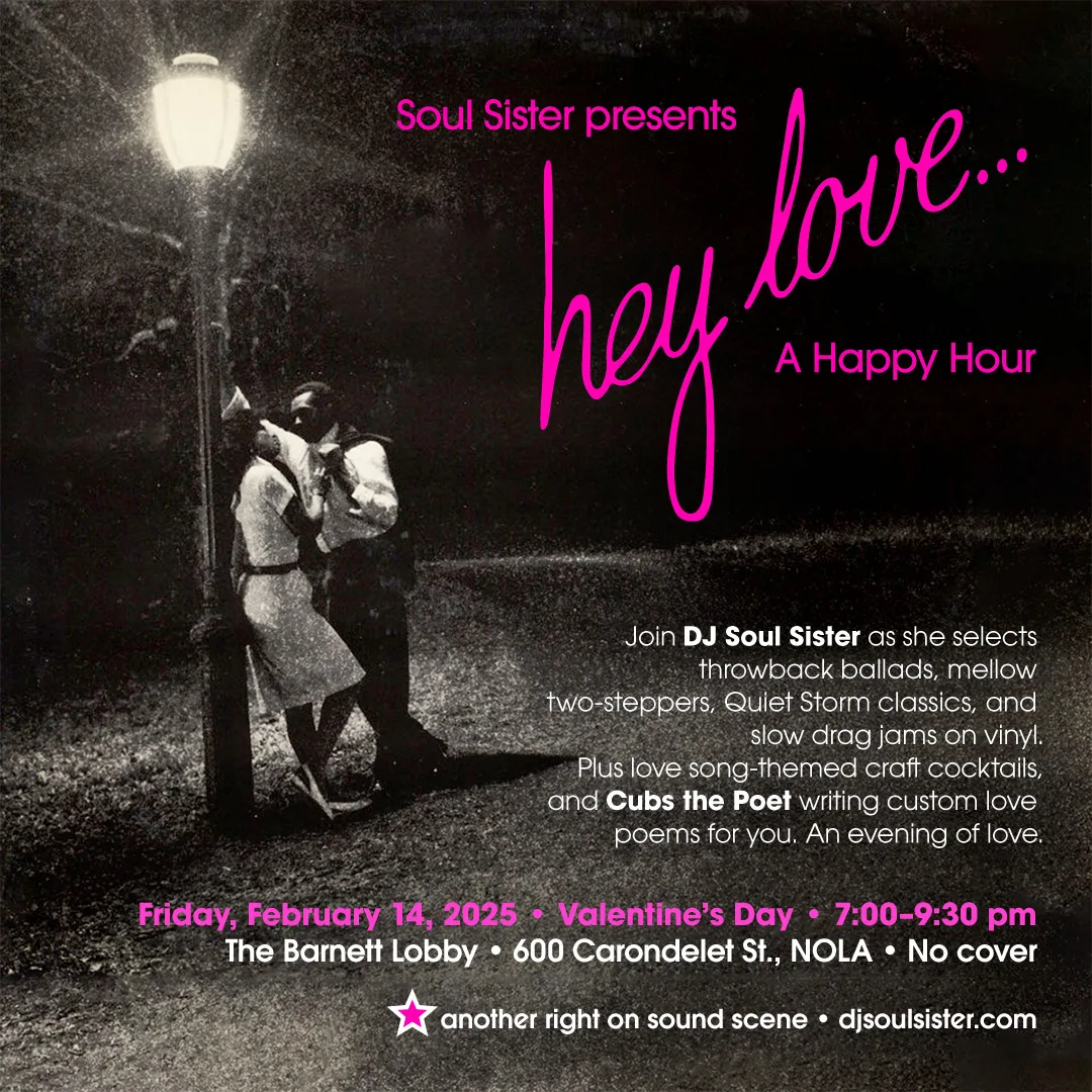 Hey Love event flyer with pink text over a black and white image of a couple in love.